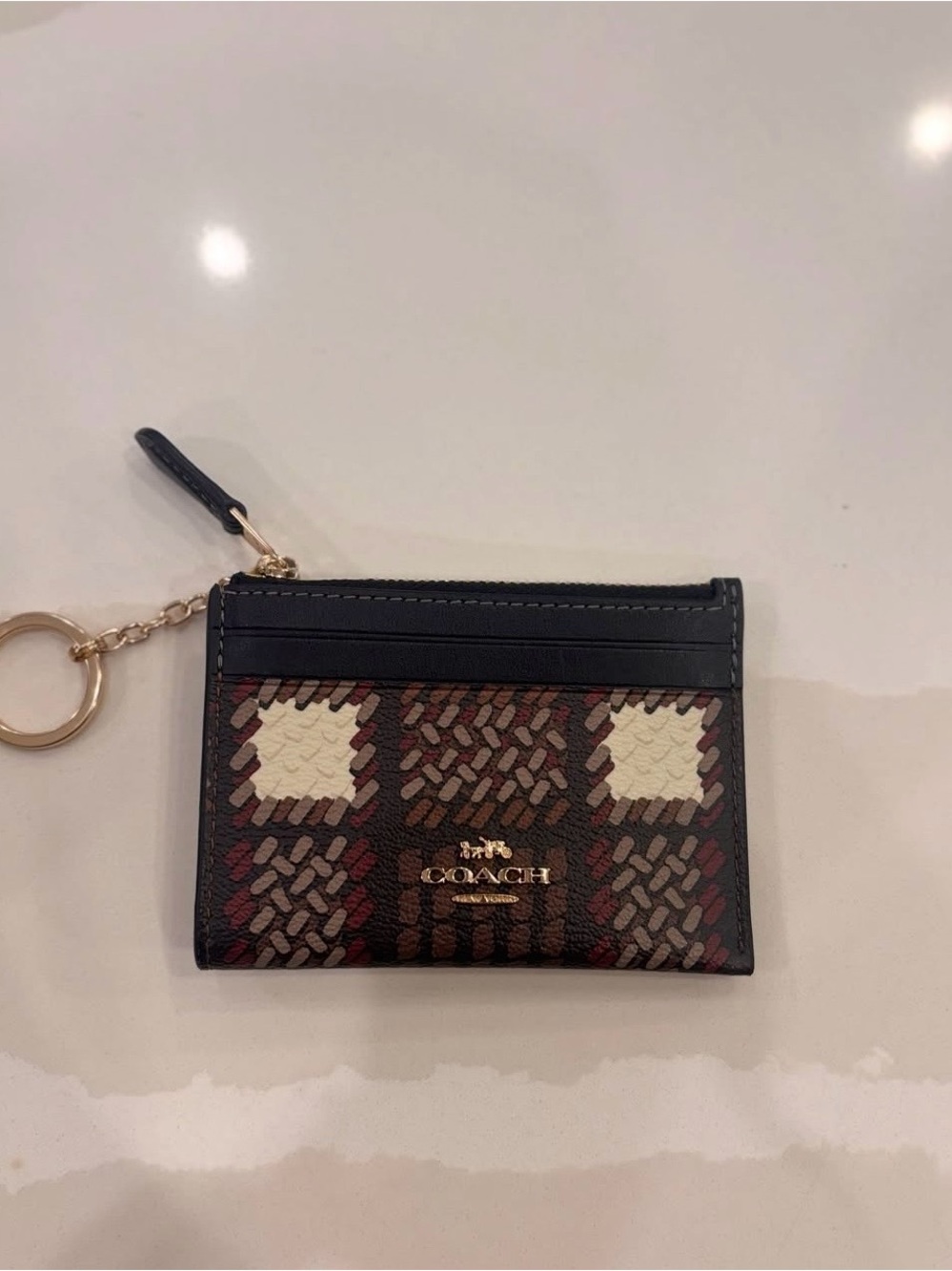 Coach Brown Navy Patterned Card Case with Keyring